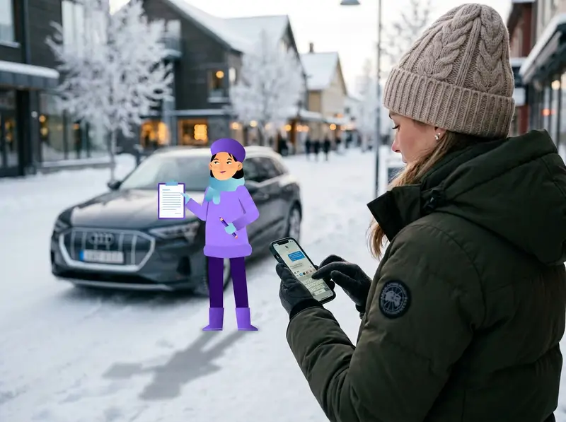 Person som fyller i biluppgifter i mobilen bredvid en parkerad bil